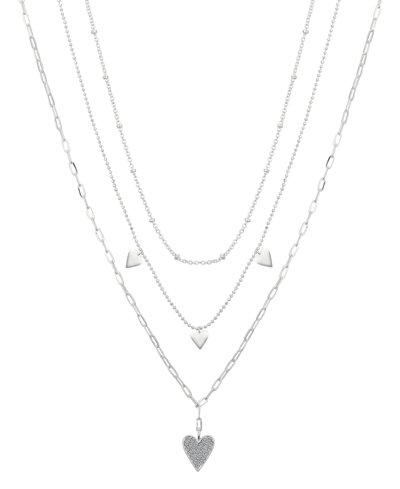 Unwritten Fine Silver Plated Brass Crystal Heart Pendant On A Link Chain, Beaded Chain And Beaded Triple Heart In Gray