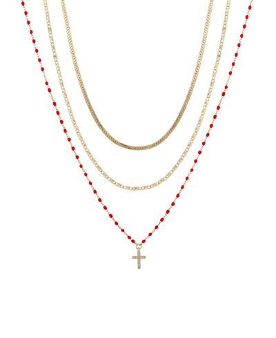 Unwritten 14k Gold Flash Plated Brass Cubic Zirconia Cross On A Red Enamel, 3-piece Chain Necklace Set