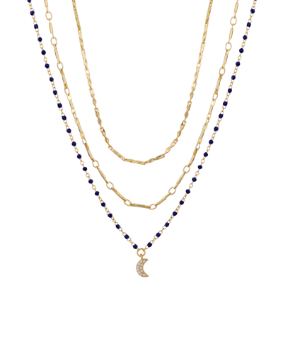 Unwritten 14k Gold Flash Plated Brass Cubic Zirconia Moon On A Blue Enamel, 3-piece Chain Necklace Set