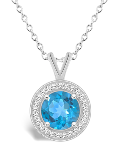 Macy's Blue Topaz (1-2/3 Ct. T.w.) And Diamond (1/8 Ct. T.w.) Halo Pendant Necklace In Sterling Silver
