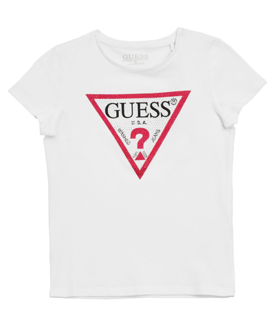 Guess Kids' Big Girls Triangle Rhinestone Logo T-shirt In White