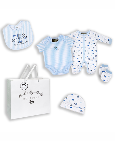 Rock-a-bye Baby Boutique Baby Boys Fly High Layette Gift In Mesh Bag, 5 Piece Set In Light Blue And White