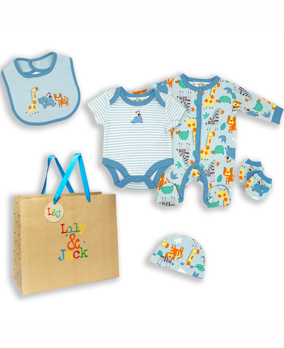 Rock-a-bye Baby Boutique Baby Boys And Girls Aqua Safari Layette Gift In Mesh Bag, 5 Piece Set In Turquoise And Multi