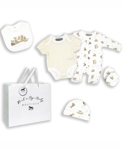 Rock-a-bye Baby Boutique Baby Boys And Girls Furry Besties Layette Gift In Mesh Bag, 5 Piece Set In Cream And White