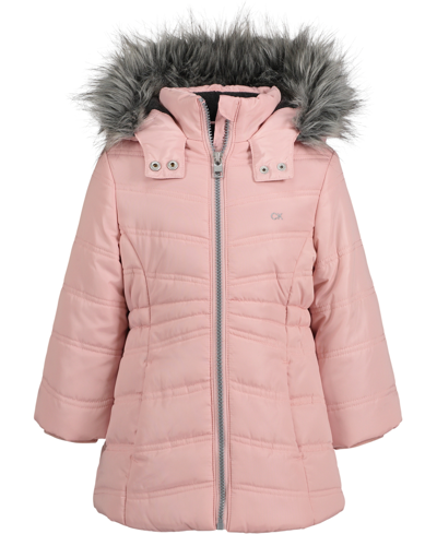 Calvin Klein Baby Girls Aerial Longline Faux Fur Hooded Jacket In Silver-tone Pink