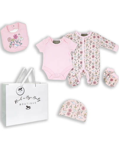 Rock-a-bye Baby Boutique Baby Girls Birdy Floral Layette Gift In Mesh Bag, 5 Piece Set In Pink
