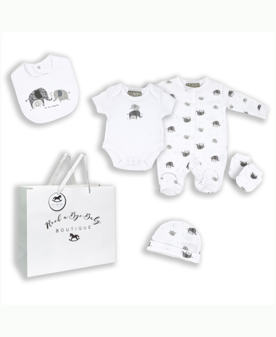 Rock-a-bye Baby Boutique Baby Boys And Girls Elephant Family Layette Gift In Mesh Bag, 5 Piece Set In Gray And White