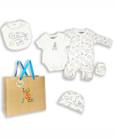 Rock-a-bye Baby Boutique Baby Boys And Girls Our Wonderful World Layette Gift In Mesh Bag, 5 Piece Set In Off White And Multi
