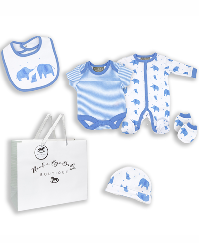 Rock-a-bye Baby Boutique Baby Boys Elephants Layette Gift In Mesh Bag, 5 Piece Set In Blue And White