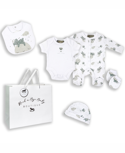 Rock-a-bye Baby Boutique Baby Boys And Girls Sweet Dreams Bear Layette Gift In Mesh Bag, 5 Piece Set In Gray And White