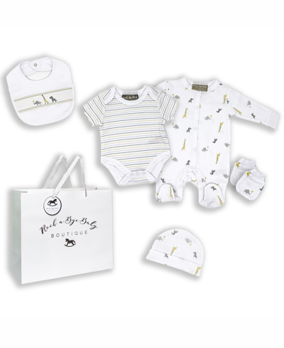 Rock-a-bye Baby Boutique Baby Boys And Girls African Animal Layette Gift In Mesh Bag, 5 Piece Set In White And Neutral