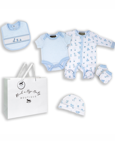 Rock-a-bye Baby Boutique Baby Boys Toys Layette Gift In Mesh Bag, 5 Piece Set In Light Blue And White