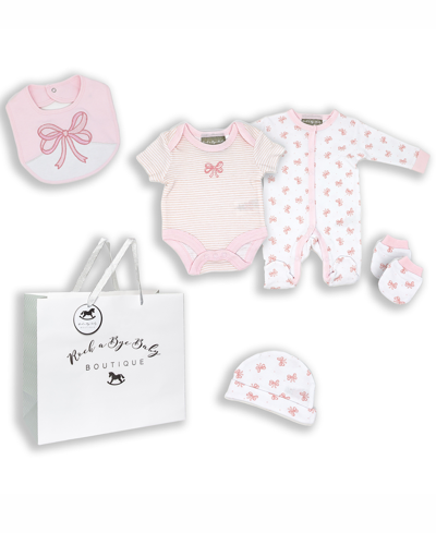 Rock-a-bye Baby Boutique Baby Girls Bow Layette Gift In Mesh Bag, 5 Piece Set In Pink And White