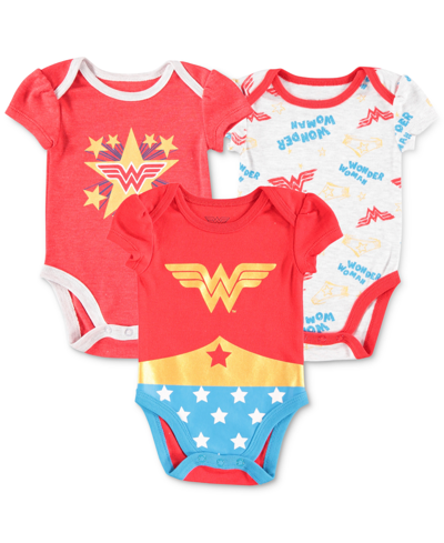 Happy Threads Baby Girls Wonder Woman Short Sleeved Bodysuits, Pack Of 3 In Red And White Combos