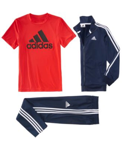 Adidas Originals Kids' Big Boys Tricot Jacket Logo Print T Shirt Trainer Pants In Dark Gray