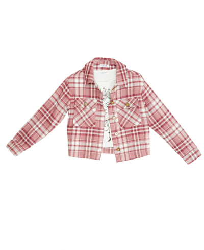 Beautees Big Girls Plaid Shacket With Pockets And Screen T-shirt Set In Mauve