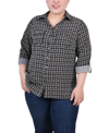 Ny Collection Plus Size 3/4 Sleeve Roll Tab Notch Collar Blouse Top In Black Gold-tone Harlie