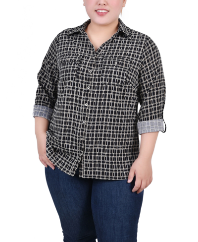 NY COLLECTION PLUS SIZE 3/4 SLEEVE ROLL TAB NOTCH COLLAR BLOUSE