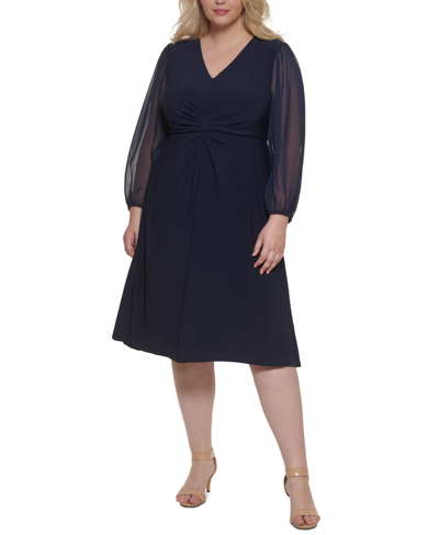 Jessica Howard Plus Size Chiffon-sleeve Midi Dress In Navy