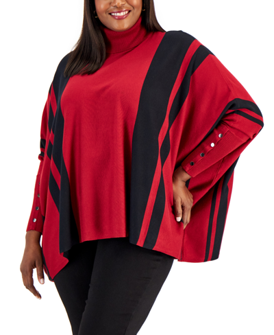 Alfani Plus Size Striped Poncho Sweater, Created For Macy's In Red Burgundy