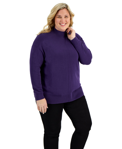 Karen Scott Plus Size Cotton Seam-front Mock-neck Sweater, Created For Macy's In Cassis