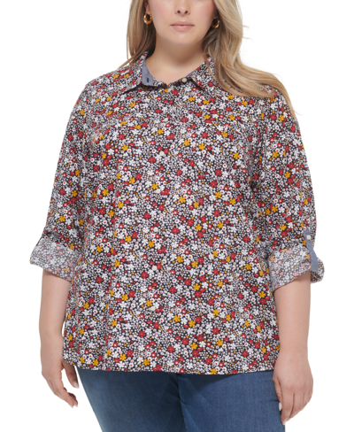 Tommy Hilfiger Plus Size Cotton Printed Utility Shirt In Sky Captain,sunflower