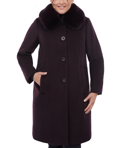 Anne Klein Women's Plus Size Faux-fur Club-collar Coat In Merlot