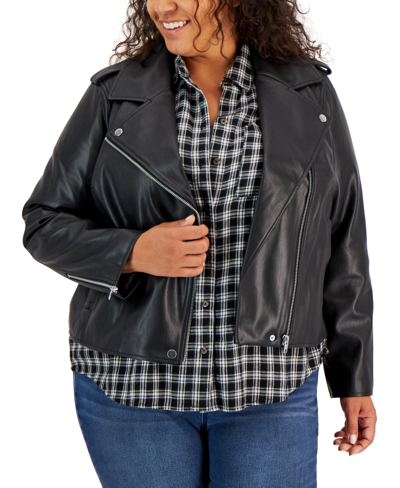 Inc International Concepts Plus Size Faux-leather Moto Jacket, Created For Macy's In Deep Black