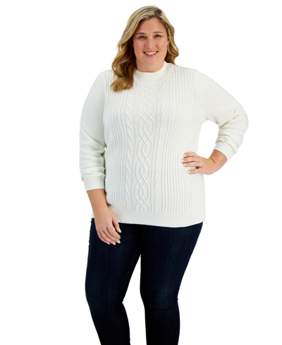Karen Scott Plus Size Cable-knit Mock-neck Sweater, Created For Macy's In Winter White