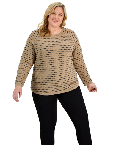 Karen Scott Plus Size Cotton Textured Raglan-sleeve Sweater, Created For Macy's In Chestnut Heather