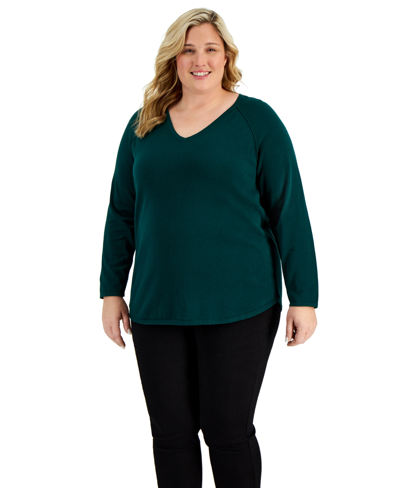 Karen Scott Plus Size Cotton V-neck Curved-hem Sweater, Created For Macy's In Spruce Night