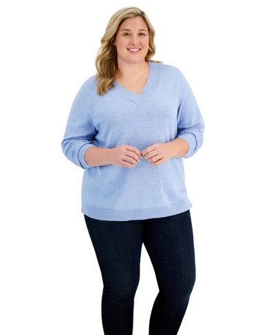 Karen Scott Plus Size Ribbed-v-neck Sweater, Created For Macy's In Light Blue Heather