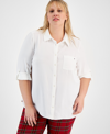 TOMMY HILFIGER PLUS SIZE ROLL-TAB-SLEEVE BUTTON-DOWN EMBLEM SHIRT