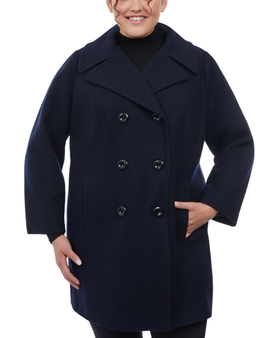 Anne Klein Plus Size Double-breasted Peacoat, Created For Macy's In Navy