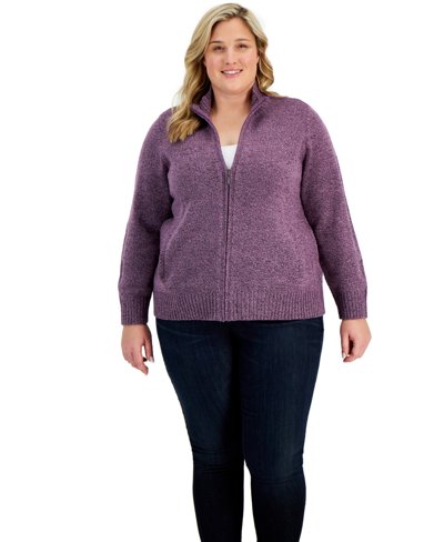 Karen Scott Plus Size Zip-front Sweater, Created For Macy's In Plum Roset Marled
