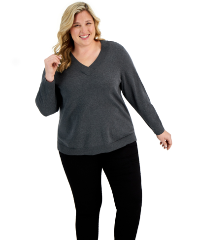 Karen Scott Petite Cotton V-neck Ribbed Sweater, Created For Macy's In Charcoal Heather