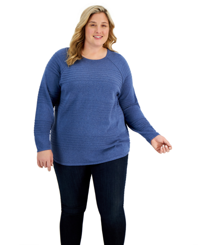 Karen Scott Plus Size Cotton Curve-hem Sweater, Created For Macy's In Heather Indigo