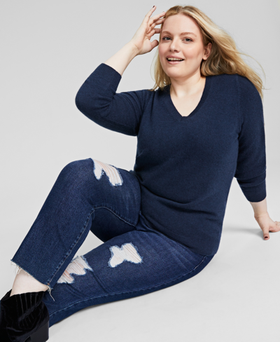 Charter Club Plus Size V-neck 100% Cashmere Sweater, Created For Macy's In Admiral Navy