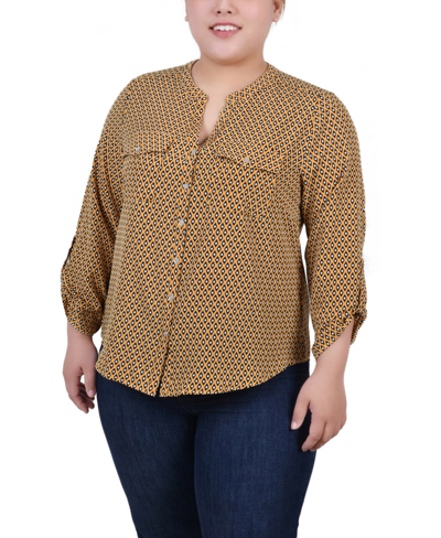 Ny Collection Plus Size Roll Tab Sleeve Y-neck Top In Golden-tone Black ...