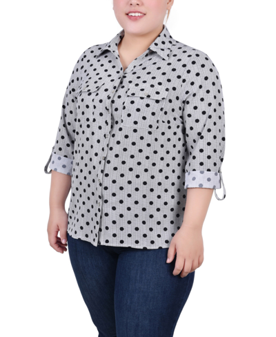 Ny Collection Plus Size 3/4 Sleeve Roll Tab Notch Collar Blouse In Black White Abstract