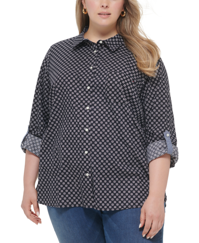 Tommy Hilfiger Plus Size Cotton Printed Utility Shirt In Blue