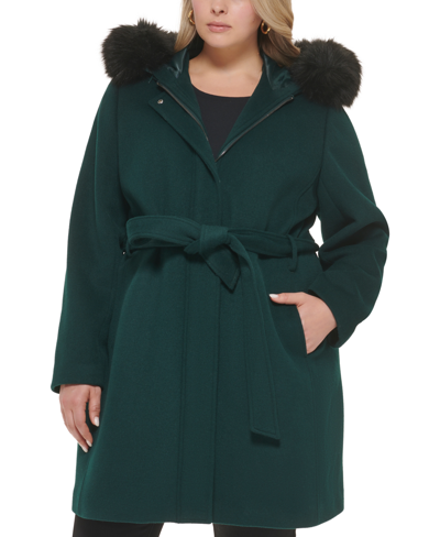 Cole Haan Women's Plus Size Faux-fur-trim Hooded Coat, Created For Macy's In Forest