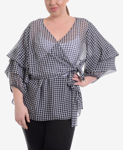 Ny Collection Plus Size Gingham-print Wrap Top In Black Picnictime