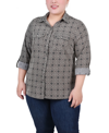 Ny Collection Plus Size 3/4 Sleeve Roll Tab Notch Collar Blouse In Black And Doeskin Floral Iconi