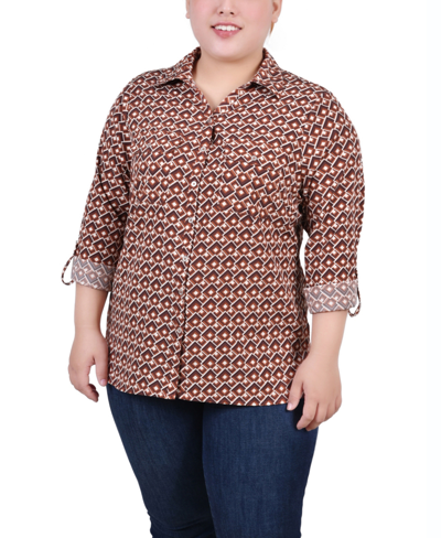Ny Collection Plus Size 3/4 Sleeve Roll Tab Notch Collar Blouse In Golden-tone Jaycee