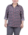 Ny Collection Plus Size 3/4 Sleeve Roll Tab Notch Collar Blouse In Beet Red White Half Ball Geo
