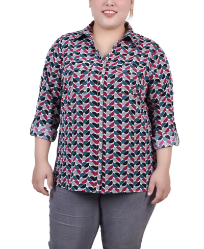 Ny Collection Plus Size 3/4 Sleeve Roll Tab Notch Collar Blouse In Beet Red,white Half Ball Geo