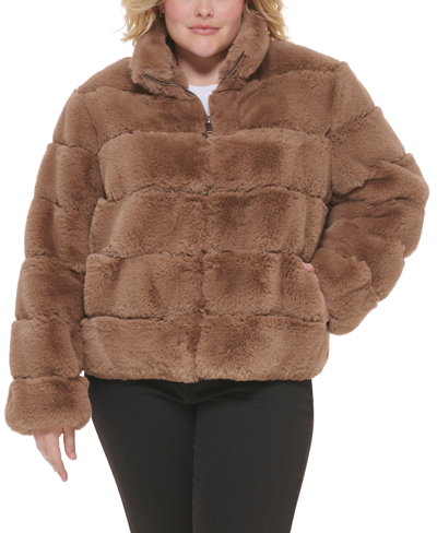 Calvin Klein Women's Plus Size Faux-fur Coat In Dark Camel