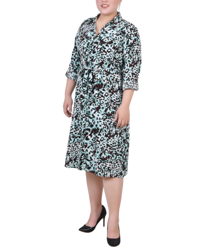 Ny Collection Plus Size Printed Shirt Dress In Aqua Animal