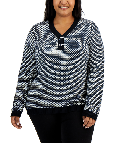 Karen Scott Plus Size Cotton Textured Toggle Henley Sweater, Created For Macy's In Deep Black Combo